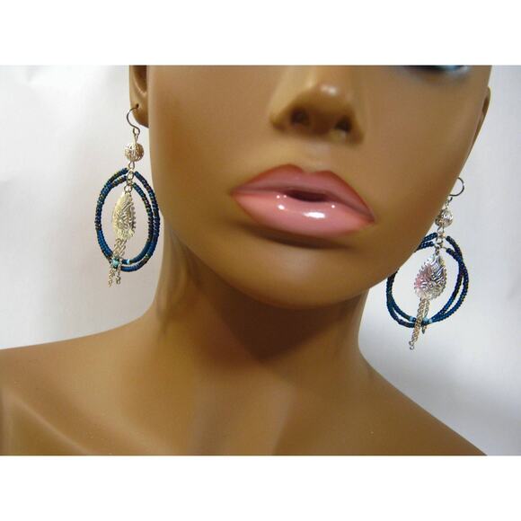 Set of Handcrafted Glass Turquoise Hoops Vintage & Shell beaded Drop Earrings - Picture 4 of 11